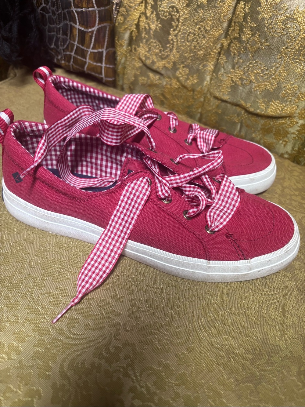 Sperry red Canvas Sneakers with Gingham Laces